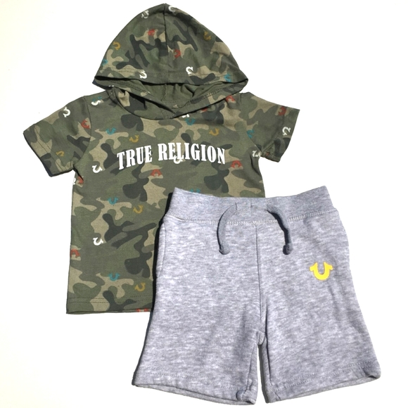 True Religion Camo Shorts Set Outfit Size 24 Months Green Gray - Picture 1 of 10